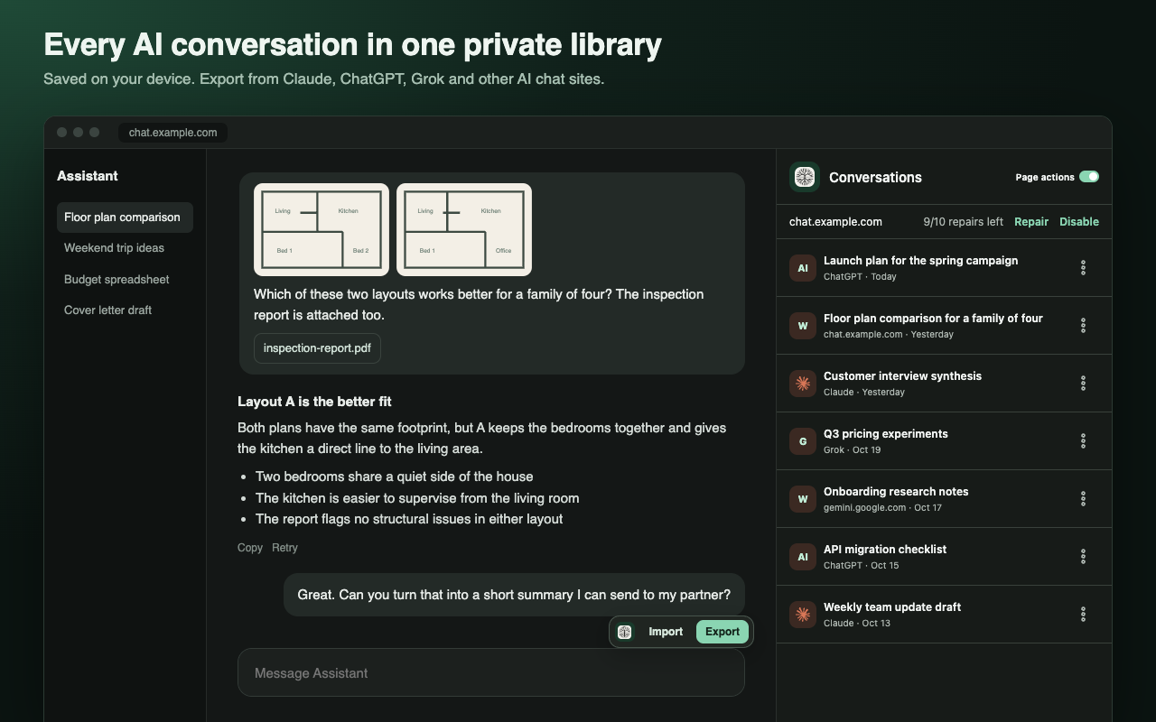 The sidebar listing saved conversations from Claude, ChatGPT, Grok and other sites