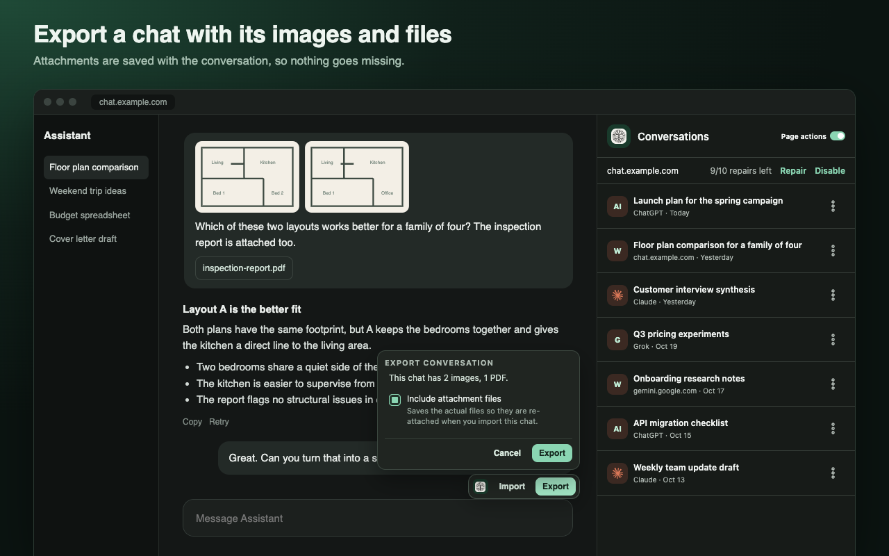 Exporting a chat with its two images and a PDF