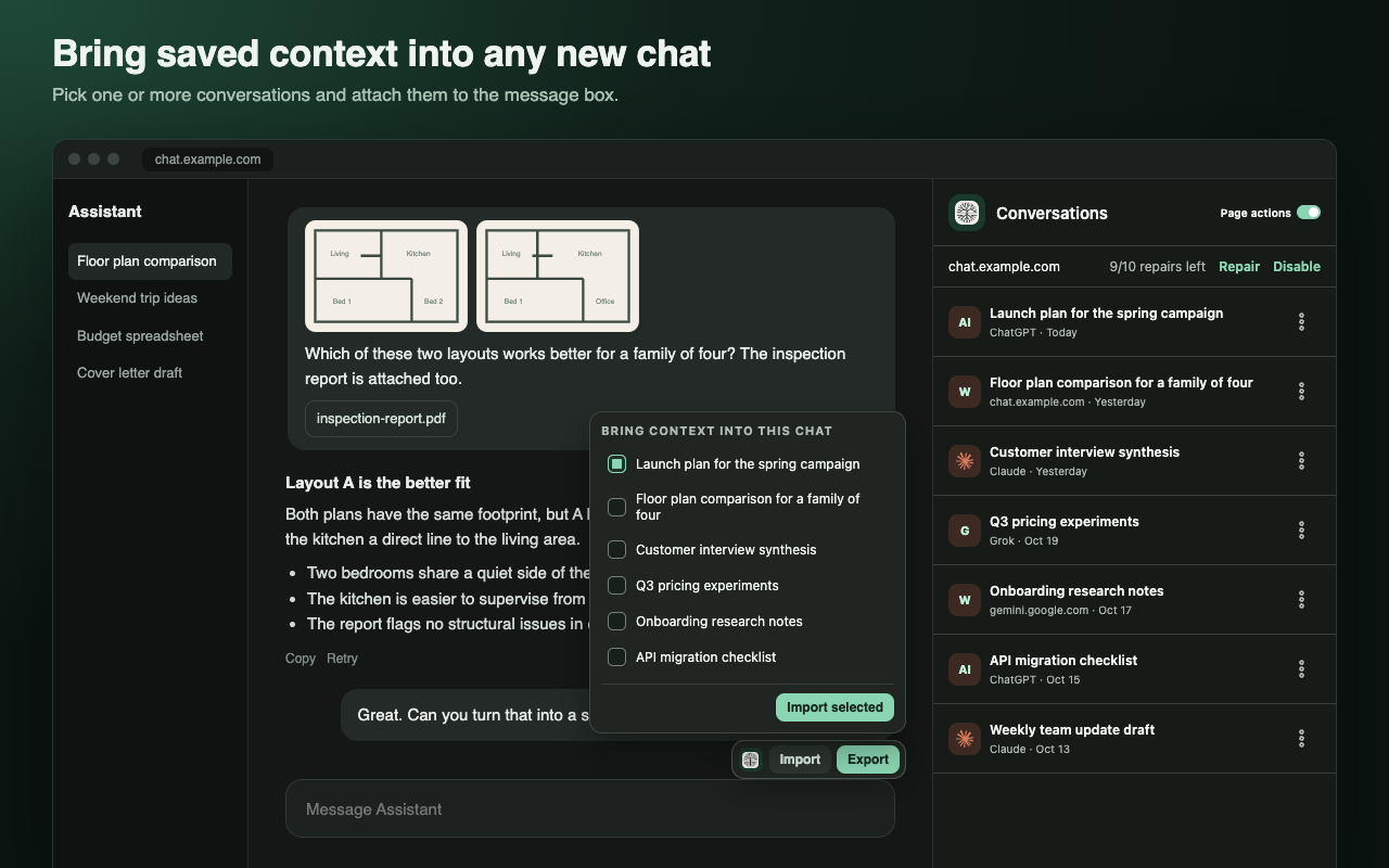 Choosing saved conversations to import into a new chat