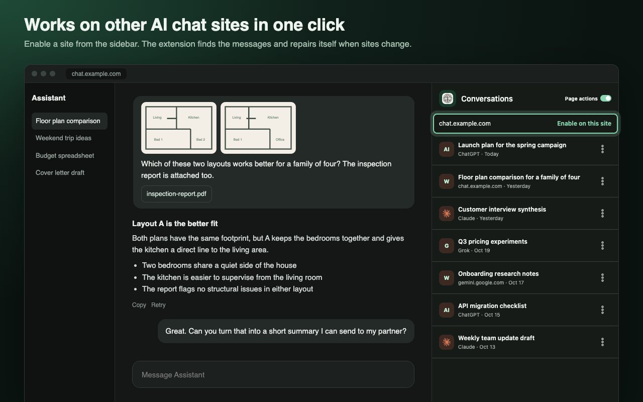 Enabling the extension on another AI chat site from the sidebar